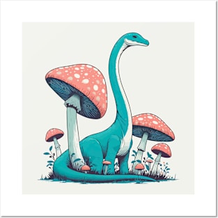 Cute simple Dinosaur Brontosaurus in Mushroom Garden Posters and Art